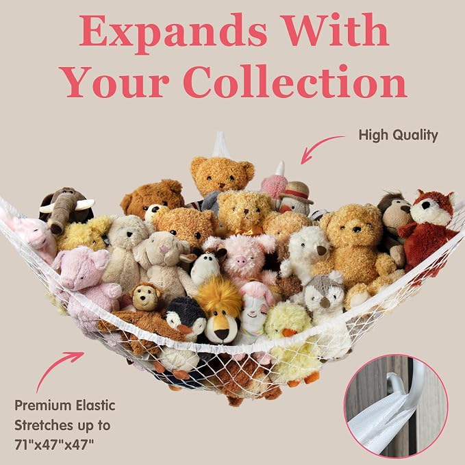 Stuffed Animal Storage Hammock Net Corner - Large Toy Hammock Net for Stuffed Animals Room Decor - Cute Stuff Animal Organizer Holder for Plush Plushie - Kids Baby Nursery Wall Bedroom Home Decor