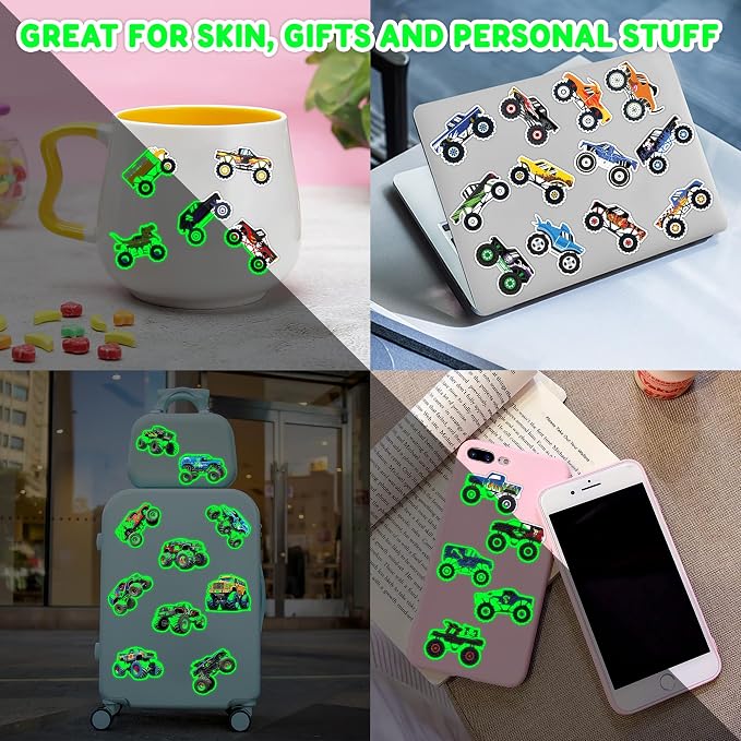 96 PCS Monster Truck Race Car Pre-Cut Luminous Glow in the dark Temporary Tattoos for Kids | Super Cute Themed Birthday Party Favors Supplies Decorations, Fake Tattoos Rewards & Gifts for Boys Girls