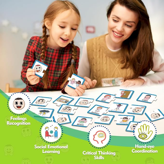 Kasfalci Feelings & Emotions Puzzle Cards, 40 PCS Feelings Chart Toys for Kids,Social Emotional Learning Activities,Speech Therapy Games,Autism Learning Materials,Calm Down Corner Supplies