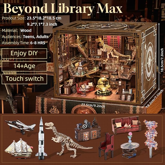 MiniCity DIY Book Nook Kit for Adults, 3D Wooden Puzzle Bookend Bookshelf Insert Decor with LED Light and Dust Cover (Beyond Library Max)