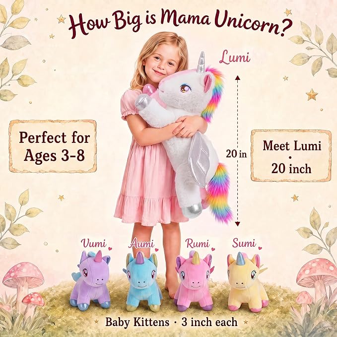 gnomantic Unicorn Stuffed Animals with Babies Inside, Mommy Toy for Kids | 5-Piece set: 1 mommy unicorn + 4 baby unicorns inside. Unzip belly to reveal surprise babies. Ultra-soft, ages 3-8.