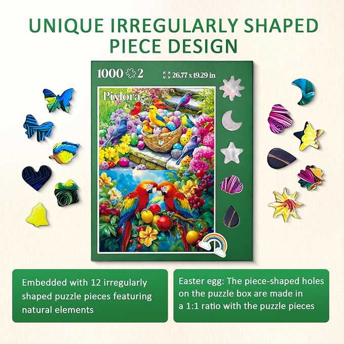 Unique Shaped Jigsaw Puzzles for Adults 1000 Pieces, 2 Pack Adult Puzzles,Egg Birds and Fruit Birds Theme,Difficult Puzzles for Adults,Cooperative Family Games for Family Game Night