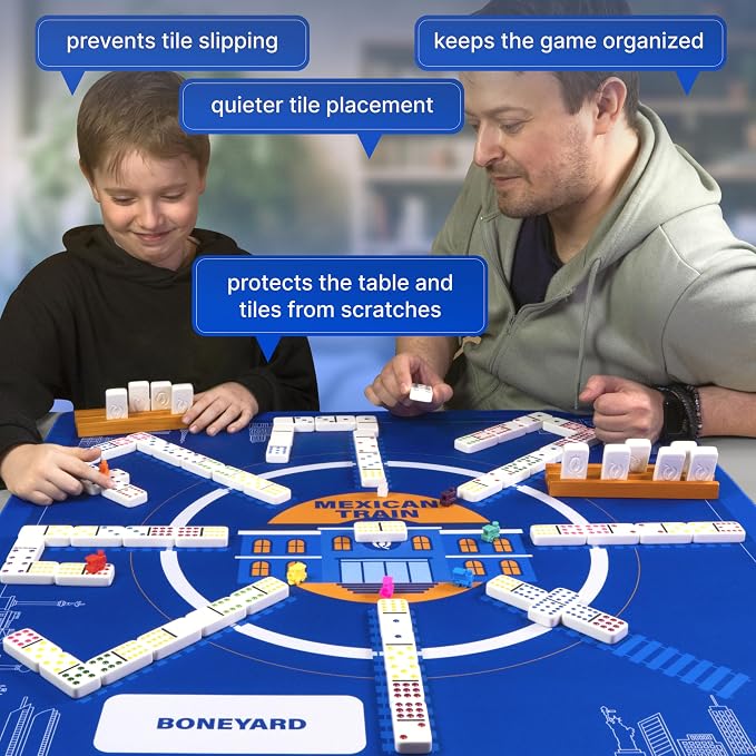 Queensell Mexican Train Dominoes Play Mat, 32" x 32" Non-Slip Gaming Surface, Mexican Train Accessories with Storage Bag, Printed Train Station Playfield, Easy to Clean & Roll Up