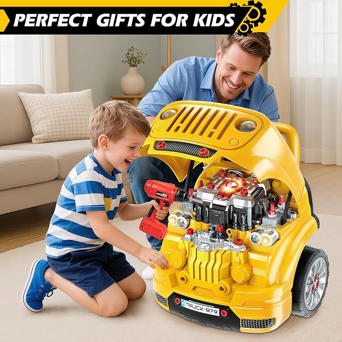 Jumlys Toys for 3, 4, 5, 6, 7, 8 Years Old Boys, Large Truck Engine Toys for Kids 3-5, 5-8 Years Old, Mechanic Repair Set with Electric Drill, Big Truck Builder Kit, Ideal Christmas, Birthday Gifts