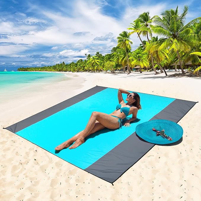 WIWIGO Beach Blanket Waterproof Sandproof Beach Mat 79" X 83"/10'x9'for 2-8 Adults Quick Drying Outdoor Picnic Mat Beach Accessories for Travel, Camping, Hiking