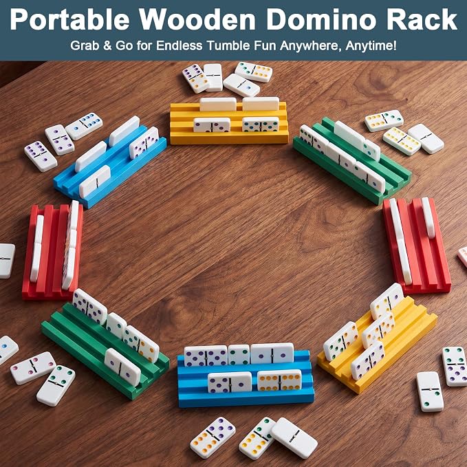 Soulchen Multicolor Wooden Domino Racks Set of 4, Wood Domino Tiles Trays Holders Organizer for Mexican Train Classic Board Accessories, Dominoes Not Included (7.1 x2.8 Inch)