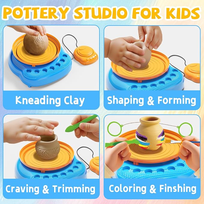 Vinkp Pottery Wheel for Kids - Complete Pottery Painting Kit Arts and Crafts for Kids Ages 8-12 with Air Dry Clay Art Supplies for Girls Boys Toys Birthday Gifts for 6 7 8 9 10 11 12 - Blue