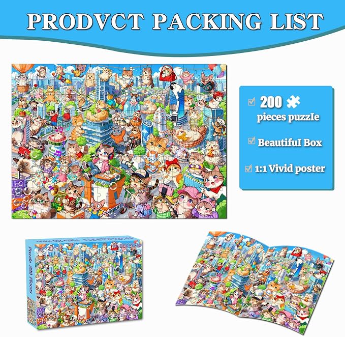Puzzles for Kids Ages 6-8 8-10 Year Old - City Cats Themed, 200 Pieces Jigsaw Puzzles for Kids, Learning8-10 Educational Toys for Boys and Girls