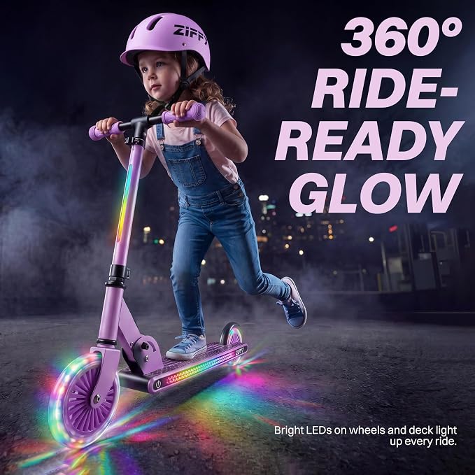 JOVA ZIFFY Light Up Scooter for Kids 3-12, 2 Wheel Foldable Kids Kick Scooter, 3 Adjustable Height, ABEC-7 Bearing with 4'' PU Wheels, Rear Foot Brake, Gift for Boys& Girls (Up to 110lb)