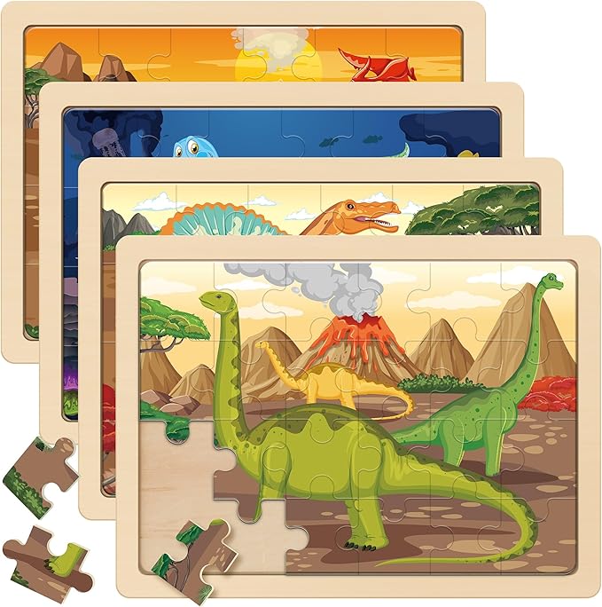 SYNARRY Large Dinosaur Wooden Puzzles for Kids 4 in 1 Gift Box(12.2 * 9.4 in), Jigsaw Puzzles for Kids Ages 4-6, Wood Puzzles for Kids Ages 3-5, Dinosaur Toys Gifts for 3 4 5 Year Old Boys Girls