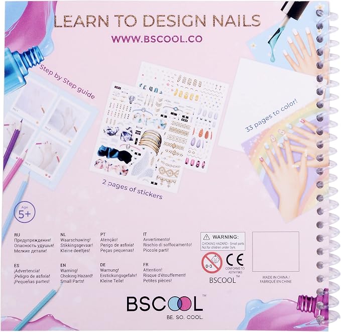 BSCOOL Nails Studio Learn to Design Nails Activity Book for Girls Ages 5+ – 2 Pack – Nail Art Sticker Design Book with Guides – Creative Birthday Gift for Kids