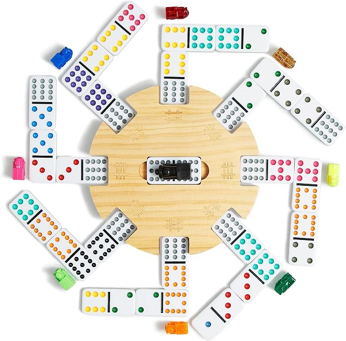 ELONGDI Mexican Train Double 12 Dominoes Set with 4 Wooden Trays/Racks in Portable Carrying Case Colorful 91 Tiles & 9 Trains Board Game for Family Game Night