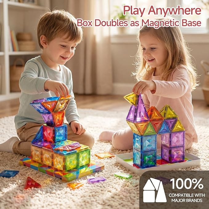 Magnetic Tiles for Kids Gift: 48 PCS Diamond Large Magnet Building Blocks in Storage Tin Box - 7.5cm Big Size 3D STEM Sensory Toy - Boys Girls Age 3-6 Birthday Party