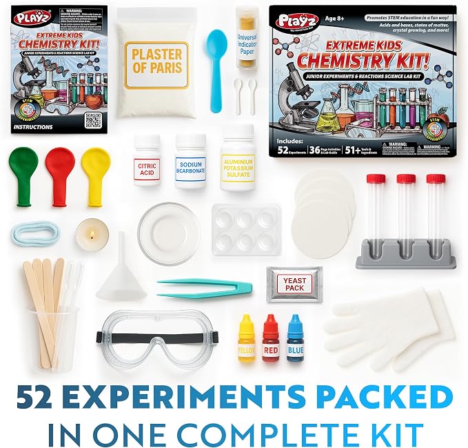 Playz Extreme Chemistry Set – 52 Unique Experiments, Science Kits for Kids Age 8-12, Lab Gear, Volcano Project, Learning Tools, Fair Activity, Discovery Gift, STEM Toys for Boys and Girls