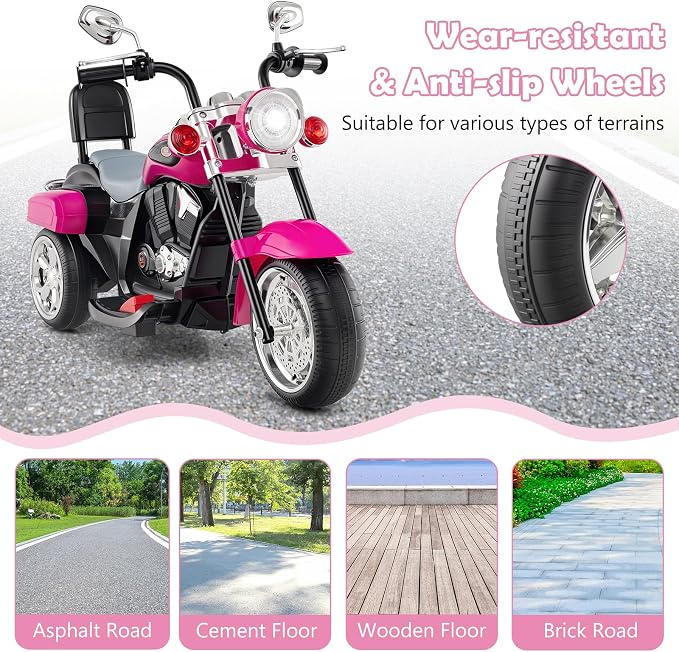 Costzon Kids Motorcycle, 6V Battery Powered Ride on Chopper Motorcycle w/Horn, Headlight, 3-Wheel Stable Ride on Toys, Electric Toddler Motorcycle for Kids, Gift for Boys Girls (Rose Red)