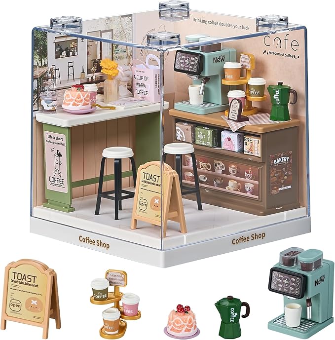 Miniature Coffee Shop DIY Kit with Acrylic Display Case – Collectible Café Dollhouse Room, Tool-Free Mini House Craft for Teens, Adults & Beginners