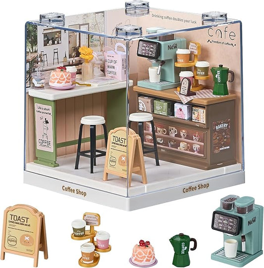 Miniature Coffee Shop DIY Kit with Acrylic Display Case – Collectible Café Dollhouse Room, Tool-Free Mini House Craft for Teens, Adults & Beginners