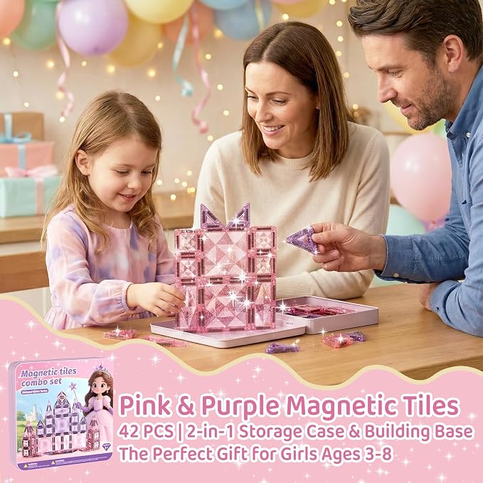 burgkidz Sparkling Glitter Magnetic Tiles for Girls Ages 3-8: 42PCS Pink & Purple Tiles with Storage Tin, Standard Size Compatible with Leading Brands, Dual Size Mix, Travel Friendly Birthday Gift