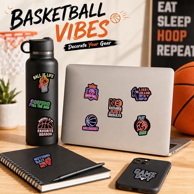 QTL Neon Basketball Stickers for Boys Teens, Basketball Party Supplies, Waterproof Vinyl Stickers for Water Bottles and Laptop, 50PCS