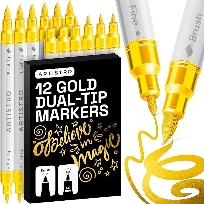 ARTISTRO 12 Gold Acrylic Paint Markers - Paint Pens for Drawing - For Fabric, Rock, Glass, Wood, Molds - Arts & Crafts Gift for Adults, Teens, Kids, Classroom Must Haves & School Supplies