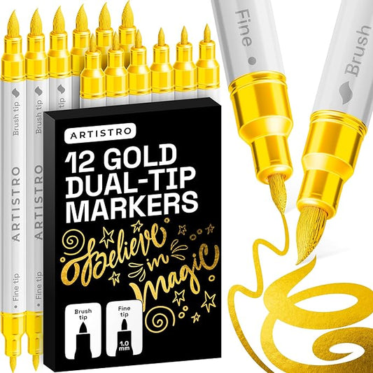 ARTISTRO 12 Gold Acrylic Paint Markers - Paint Pens for Drawing - For Fabric, Rock, Glass, Wood, Molds - Arts & Crafts Gift for Adults, Teens, Kids, Classroom Must Haves & School Supplies
