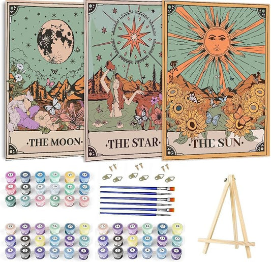 WUDWL Paint by Numbers Kit for Adults Framed Canvas, 3 Pack with Wooden Easel,Paint by Numbers for Kids Ages 8-12, Sun and Moon DIY Acrylic Landscape Oil Painting Arts Crafts, 9.45x11.8inch