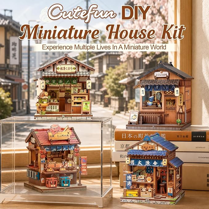 Cutefun DIY Miniature House Kit, 103 Pcs 3D Wooden Puzzle Tiny House Mini House Building Kit for Beginners & Teens – Palm-Sized DIY Japanese Booknook Dollhouse for Bookshelf Decor (Kagawa Udon House)