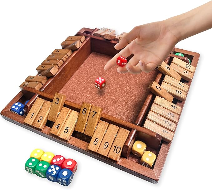 Shut the Box Wooden Board Game – 4 Player 1-10 Numbers Dark Wood Math Game with 8 Dice, Classic Strategy Game for Adults & Kids, Educational Family for Learning Addition, Classroom or Party Toy