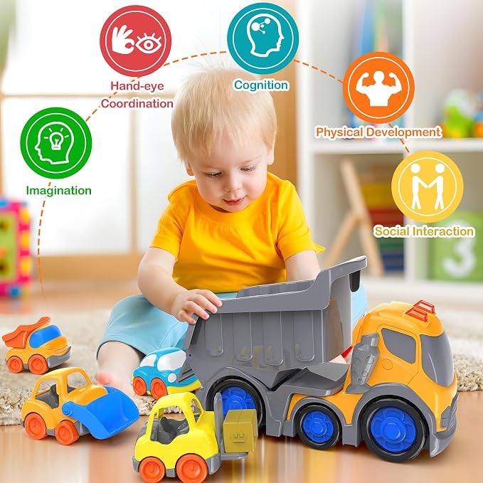 P&C 12.2" Toddler Construction Dump Truck Toys for Ages 2-4, Beach Sand Outdoor Toy Cars Dump Truck Set with Sounds and Lights for Kids 18M+, 2, 3, 4, 5, Ideal Birthday Christmas Gifts for Boys Girls