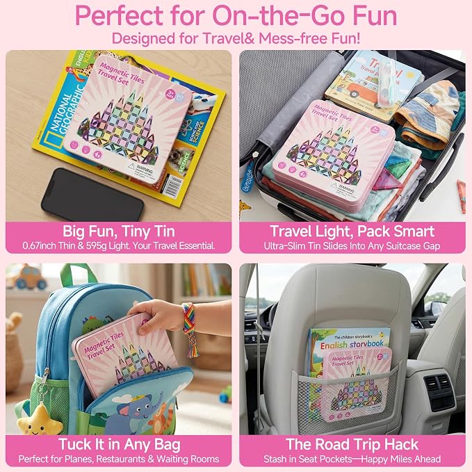 Mini Magnetic Tiles for Girls Travel: 60 PCS Pink Magnet Building Blocks in Tin Box to Stop Crying - 60 Mins Quiet Play 30s Cleanup Toy - Car Airplane Essentials Ages 3-8