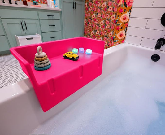 Tub Topper® Mini Bathtub Splash Guard for Kids - Compact Bath Splash Guard & Tub Play Shelf - Easy to Remove, Store & Clean - Patented Lip Design, Non-Silicone, BPA-Free, Made in USA (Pink)