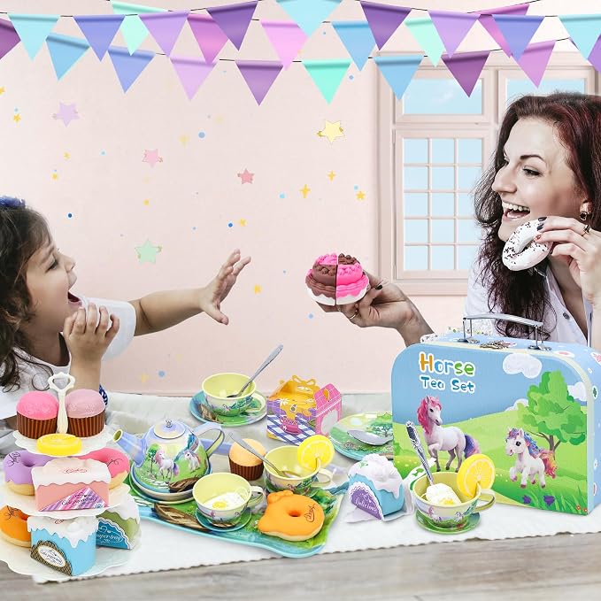 Tea Party Set for Toddlers 3-5, 50PCS Horse Tin Tea Sets for Little Girls with Metal Teapot, Cake Stand, Desserts & Carrying Case, Kids Kitchen Pretend Play Birthday Gift for Girls Age 3 4 5 6 7 8