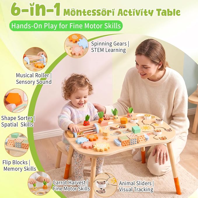Wooden Montessori Activity Table for Toddlers 6-36 Months | 6-in-1 Montessori Baby Activity Center with Shape Sorter, Sensory Learning Toys for Boys & Girls, 1st Birthday Gifts