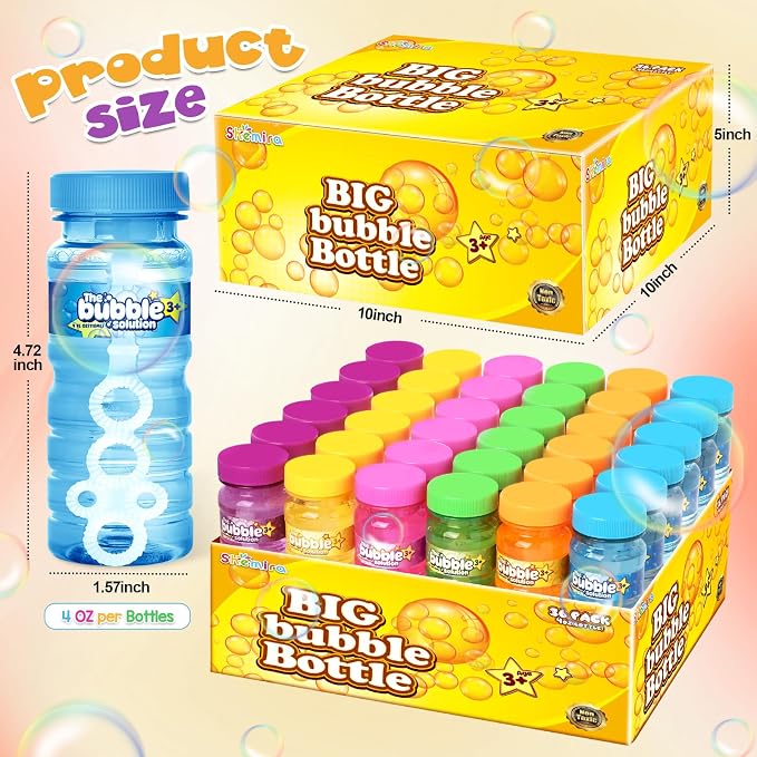 Shemira 36 Pcs Bubble Bottles with Wand, Bubble Party Favor Supply for Summer Indoor & Outdoor Activities, 4 OZ Bubble Solution Summer Toy in 6 Colors, Party Favor & Birthday Party Supplies