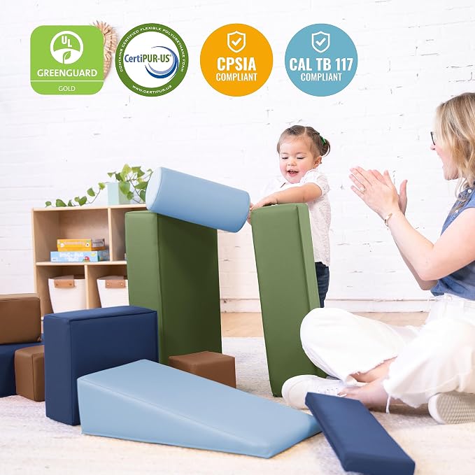 ECR4Kids SoftZone Builder Stacking Blocks and Shapes, Beginner Playset, Earthtone, 16-Piece