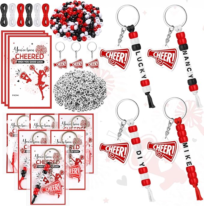 Suncalla 996 Pcs 24 Set Cheer Keychain Making Kit DIY Key Chain Crafts Cheerleader Gifts Cheerleading Bag Charms Adjustable Letter Beads Cards Strings Red Kit for Backpack Team Gift Sport Accessory