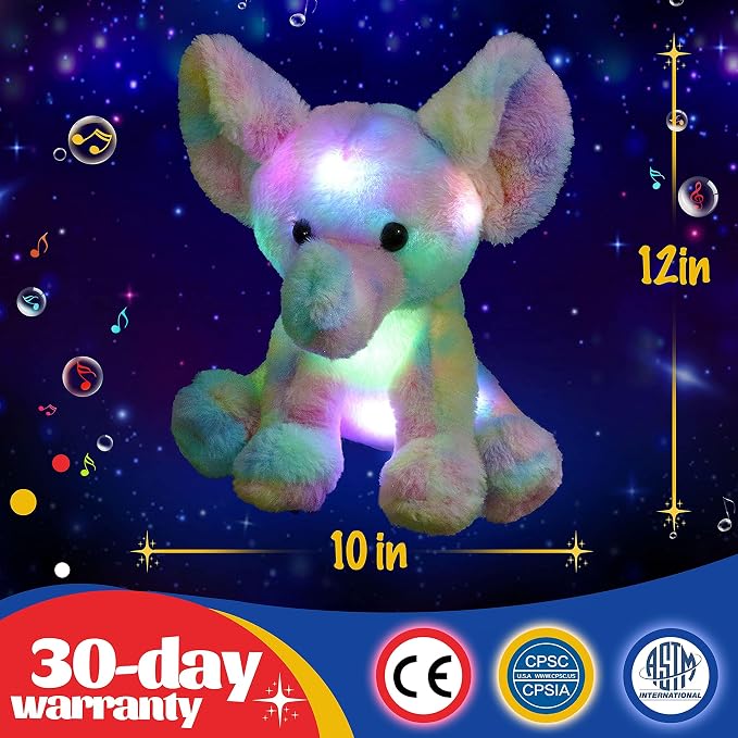 Glow Guards 12'' Musical Light up Rainbow Elephant Stuffed Animal,LED Singing Soft Wildlife Animal Plush Toy with Night Lights&Lullaby,Birthday Children's Day Hoilday Gift for Toddler Kids