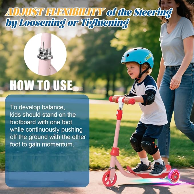 Kids Scooter Ages 3-7, 3 Wheel Scooter with LED Light Up Wheels, Safer Steering & Adjustable Handlebar, Wide Anti-Slip Deck, Heavy Duty Metal Kick Scooter for Boys Girls Toy Gift, Up to 110 lbs