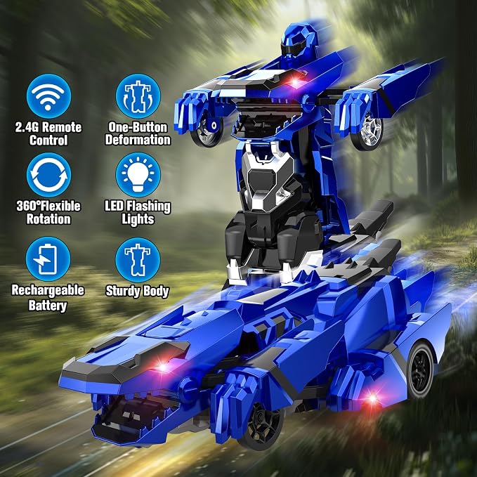 Kroyedfuw Dinosaur Transform Rc Cars, 2.4Ghz Remote Control Car Transforming Robot with Flashing Light, 360° Rotation One Button Deformation Car Toy Gifts for Boys Age 4-7 8-12