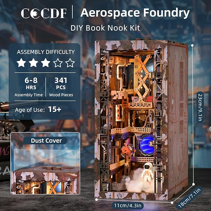 CCCDF DIY Miniature Dollhouse Book Nook Kit - 3D Wooden Puzzle Space Theme Tiny House, Bookshelf Decor with LED Lights, Creative Gift for Adults, Teens & Miniature Enthusiasts (Aerospace Foundry)