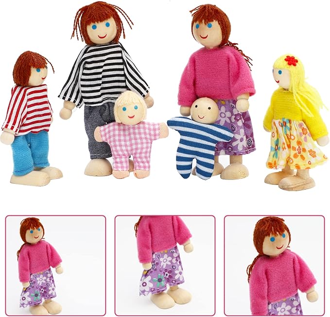 ONEST 15 Pieces Wooden Dollhouse Family Set Mini People Figures Sets Dollhouse Dolls Wooden Doll Family Pretend Play Figures Accessories for Pretend Doll House Toy