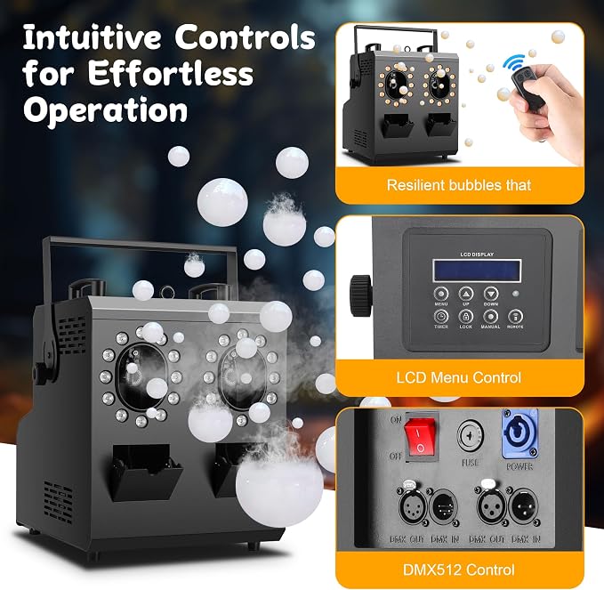 1500W Fog Bubble Machine with 24 RGBW LEDs, DMX512 & Wireless Remote, Dual 5L Tank, Timer — Professional Smoke Filled Bubble Blower for Wedding Halloween DJ Stage Party Indoor Outdoor