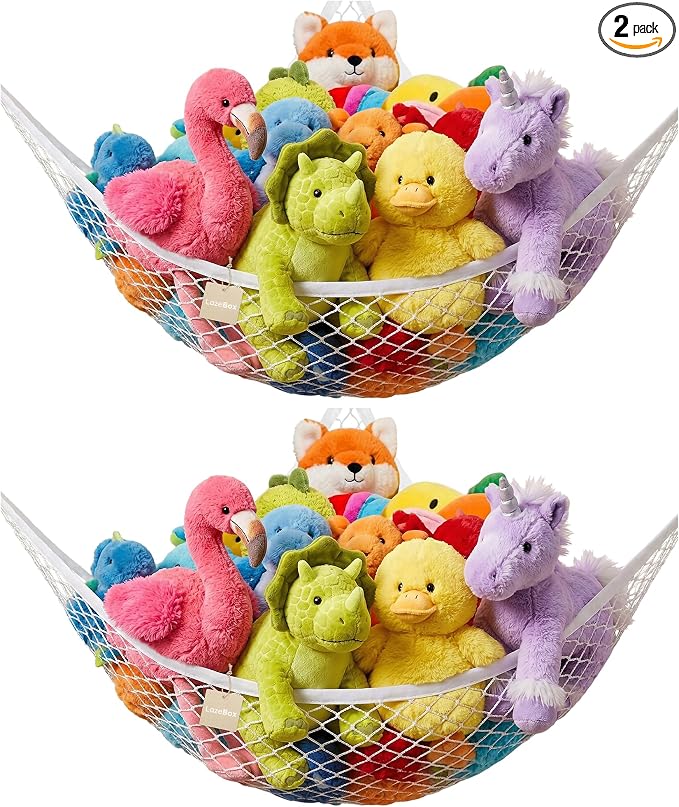 Lazebox Stuffed Animal Net Hammock for Plushie Toys, Stuffed Animal Hammock Corner for Kids' Room Decor, Ideas for Organizing Stuffy Collection, White, XL (82.6" x 43" x 43")-Pack of 2