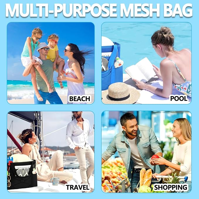 Fammart Mesh Beach Bag for Women, Large Beach Toy Pool Bag with Zipper Pocket, SandProof Cruise Essentials 2026 Family Travel