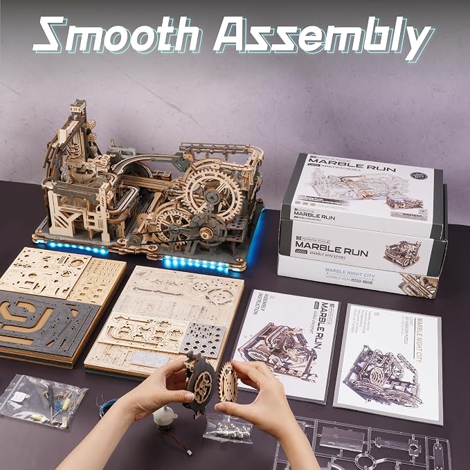 ROBOTIME 3D Puzzle - Combination Set Marble Tracks - Motorized Marble Spaceport LGC01+Marble Night City LGA01+Link Pack LG01 - Engineering Gift Choice