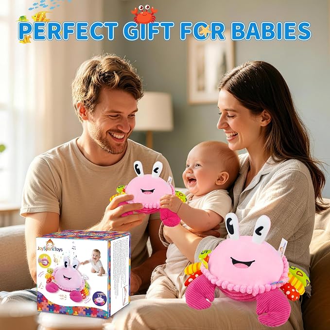 Baby Toys 6-12-18 Months, Pink Crawling Crab Tummy Time Toy, Rechargeable Musical Plush Toy with 50 Songs & Voice Recorder, Dancing Bouncing Interactive Baby Girl Sensory Toddler Toys 1 Year Old Gift