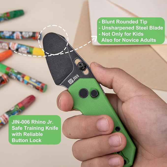 JIN Rhino Jr. Kids Pocket Knife, Fidget Toy Knife, DIY Kit, 1.97” Unsharpened Steel Blade, Safety Rounded Tip, Kids-friendly Button Lock Folding EDC, Green G10 Handle