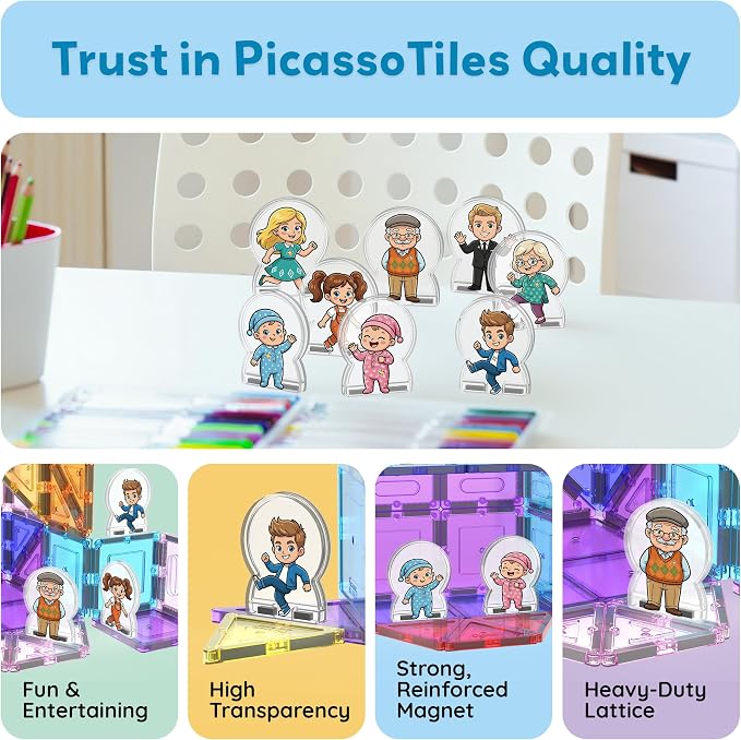 PicassoTiles 8pc Family Character Action Figures Accessory Add On Compatible with Magnet Tile Building Construction Sets STEM Pretend Play Educational Toys for Learning Preschool Kids Ages 3+ PTA110