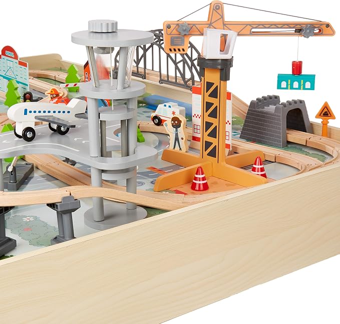 Amazon Basics 120 Piece Wooden Train Set with Activity Table, Sturdy Tracks, Storage Bin, Easy to Assemble, Kids Gift for Age 3Y+, 47.44 x 33.46 x 16.14 in