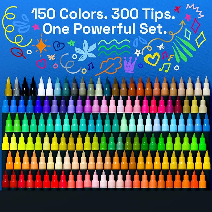 ARTISTRO 150 Acrylic Paint Markers - Paint Pens for Glass Marking, Rock Painting, Ceramic, Wood, Fabric, DIY, Craft, Canvas - Art and Craft Supplies for Adults, Teens, Kids (Brush + Fine Tips)